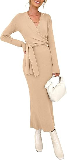 Happy Sailed Womens Knit Dress Fall Long Sleeve Wrap V Neck Tie Waist Ribbed Sweater Dresses | Amazon (US)