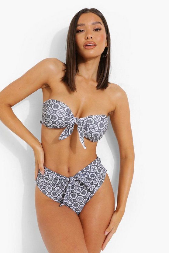 Tile Print Tie Front Bikini Set | Boohoo.com (US & CA)