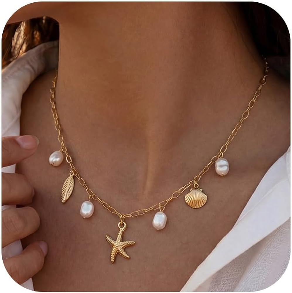 Shell Starfish Necklace for Women, 14k Gold Plated Boho Layered Beaded Charm Pendant Necklace, Da... | Amazon (US)