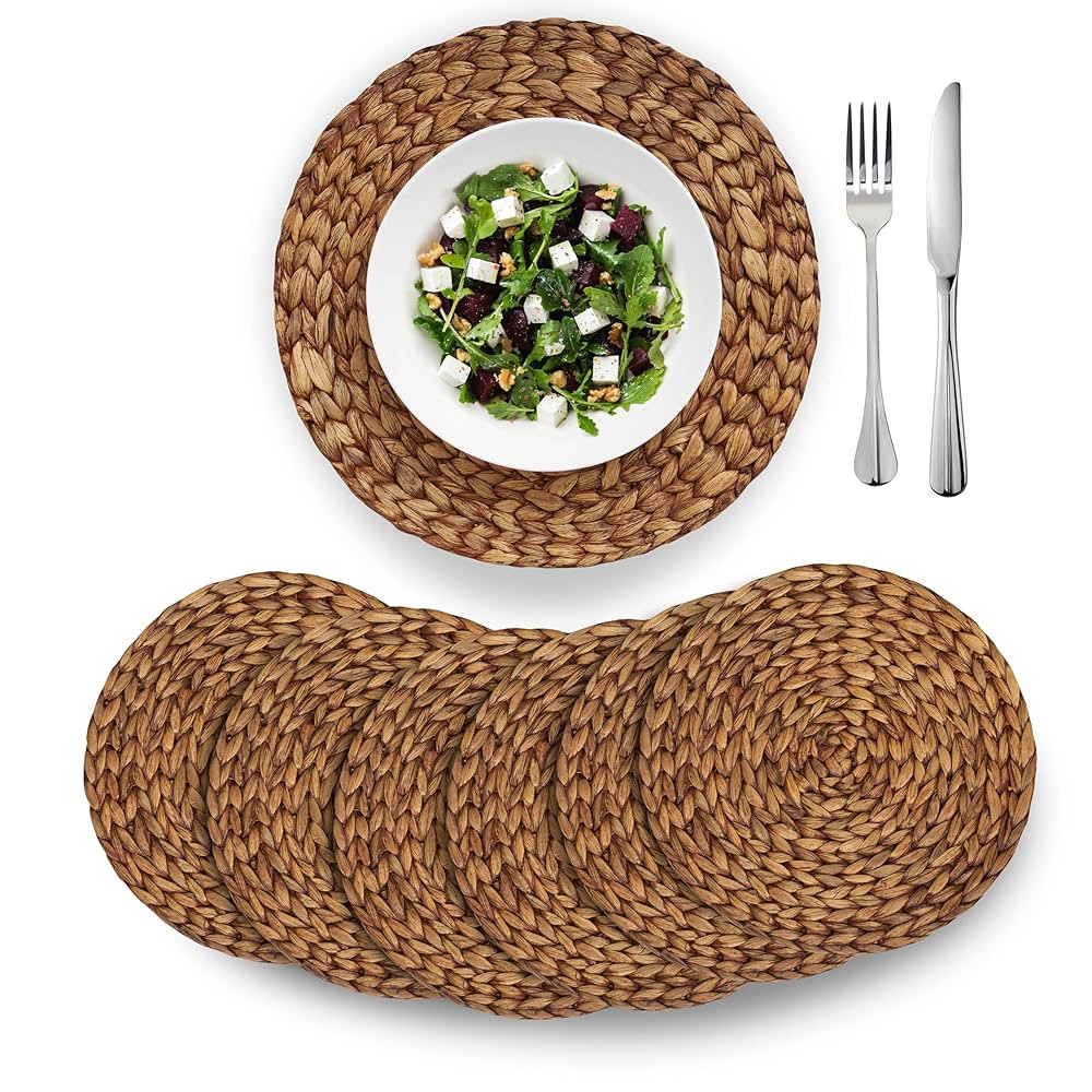 BARIEN Brown Woven Placemats Round Set of 6, Natural Water Hyacinth Weave Placemat for Dining Tab... | Amazon (US)