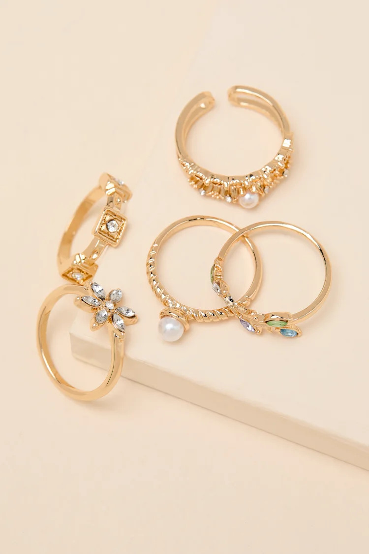 Precious Gold Rhinestone Five-Piece Ring Set | Lulus