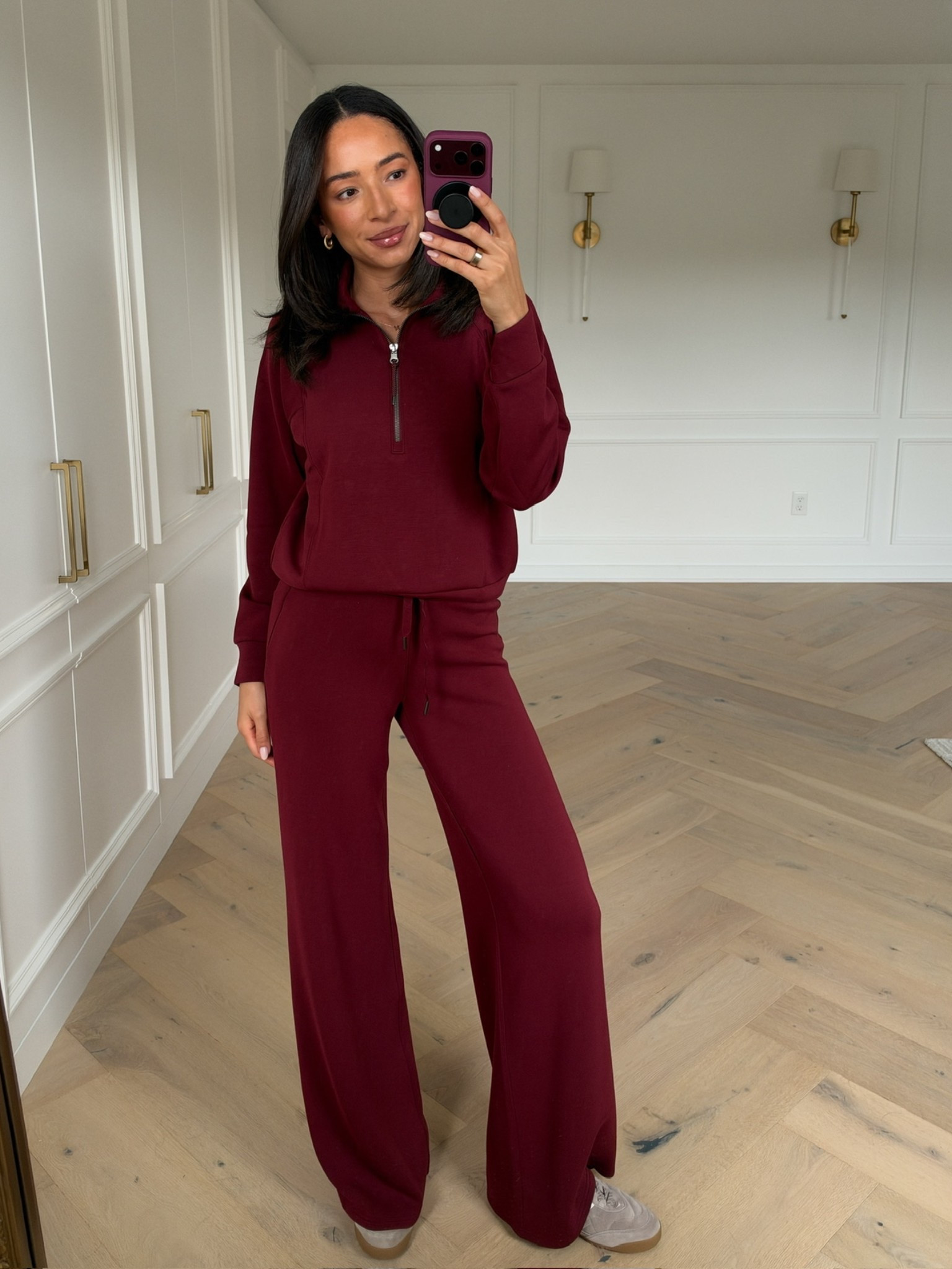 Use code NENAXSPANX to save 15% off your first spanx order!! The most comfortable, lightweight, and buttery soft material and this new color is gorgeous for fall 😍🍂 I love wearing these sets together or as separates and they’re my go-to travel outfit! Wearing size S half zip (sized up for a roomier fit) and size XS Tall wide leg pants (I’m 5’8” for reference)