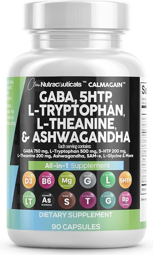 Clean Nutraceuticals GABA 750mg 5 HTP 200mg L Tryptophan 500mg L Theanine 200mg Ashwagandha SAM-e... | Amazon (US)