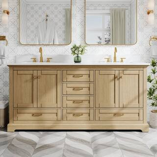 72 in. Freestanding Solid Wood Oak Bath Vanity with White Cultured Marble Top Assembled, Soft-clo... | The Home Depot