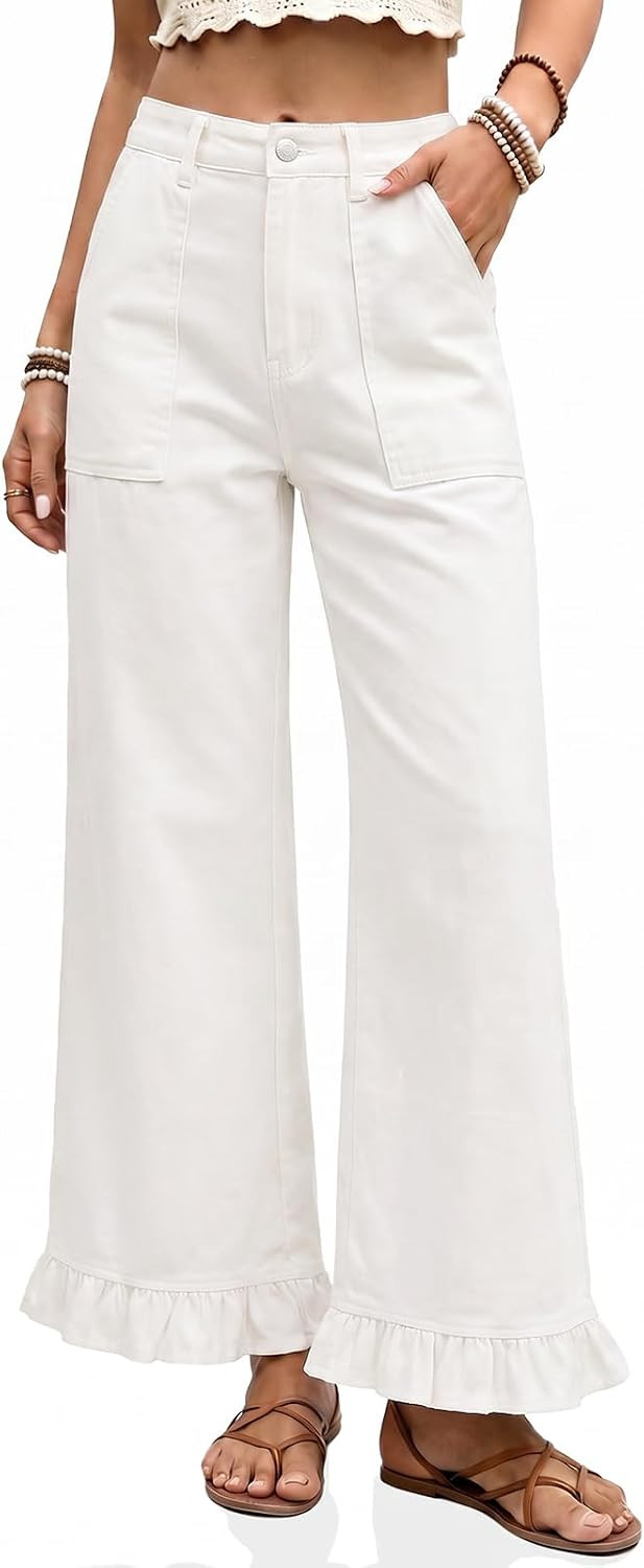 Cicy Bell Womens Ruffle Jeans Cropped High Waisted Baggy Trendy Denim Pants | Stretchy jeans with ruffles on bottom,Cheetah leopard & Polka dot print, Wide Leg bottoms with side pockets | Amazon (US)