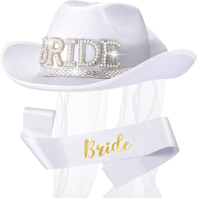 SATINIOR Bride Cowgirl Hat with Veil White Cowboy Hat with Bride Sash for Bachelorette Party Coun... | Amazon (US)