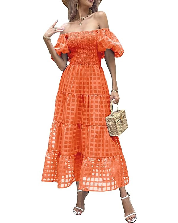 PRETTYGARDEN Women's Casual Summer Midi Dress Puffy Short Sleeve Square Neck Smocked Tiered Ruffl... | Amazon (US)