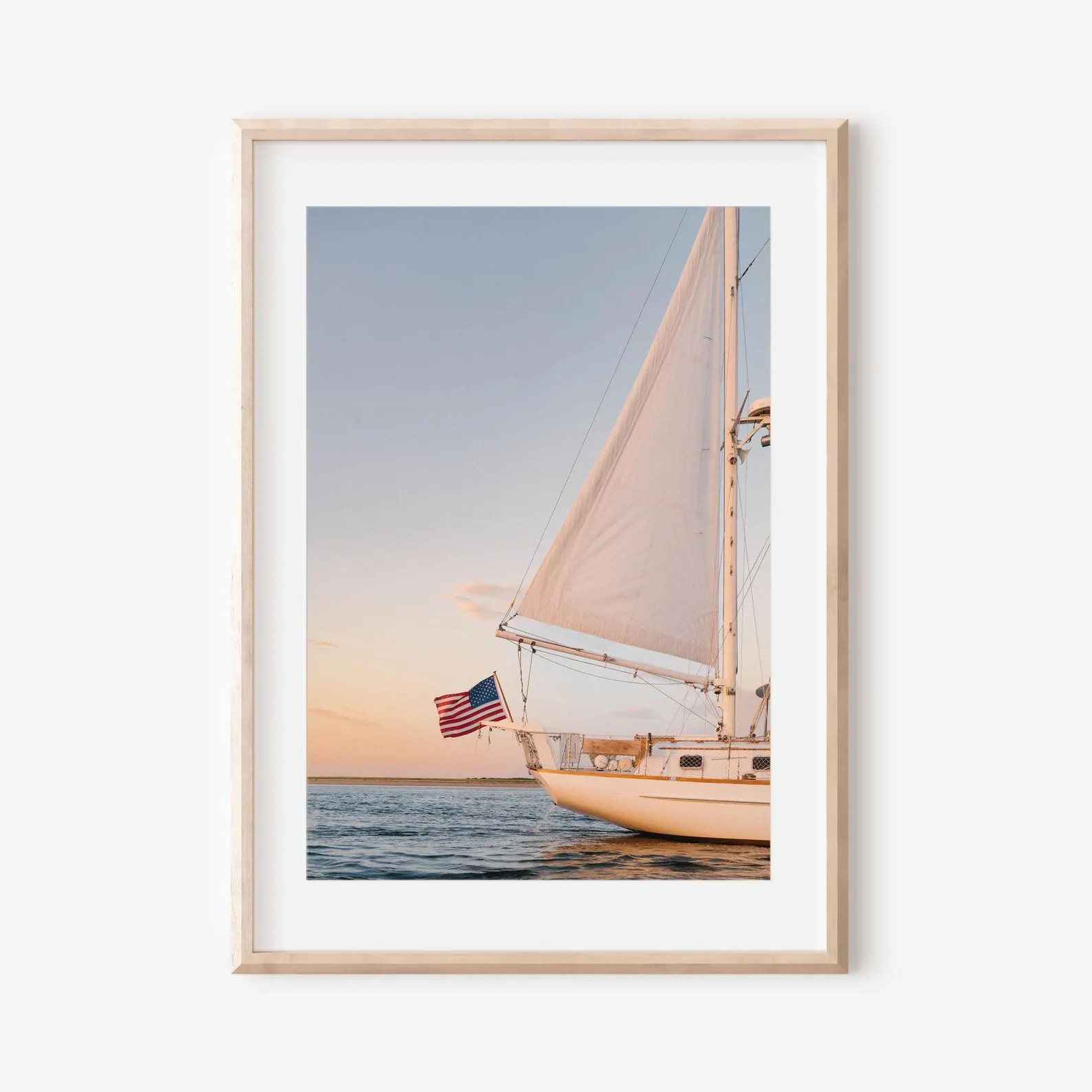 Sailboat Wall Art Print – Coastal Nautical Decor with American Flag at Sunset, Cape Cod Sailing... | Etsy (US)
