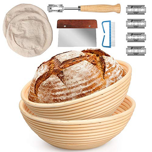 Bread Proofing Basket Set, Dough Gifts for Bakers Bread Tools with Stainless Steel Scraper, Bread Lame, Liner and Cleaning Brush (10 Inch and 9 Inch) | Amazon (US)