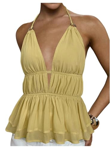 Floerns Women's Summer Sleeveless Halter Top Ring Link Smocked Ruffle Hem Going Out Cami Tops | Amazon (US)