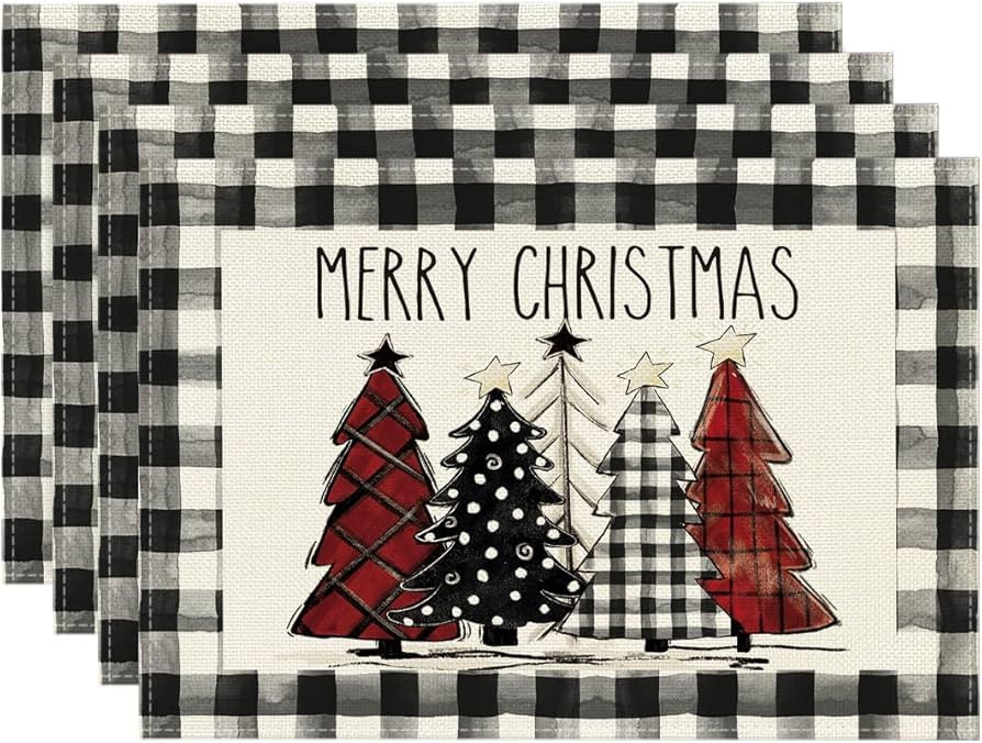Artoid Mode Waterclor Buffalo Plaid Christmas Trees Placemats Set of 4, 12x18 Inch Winter Table M... | Amazon (US)