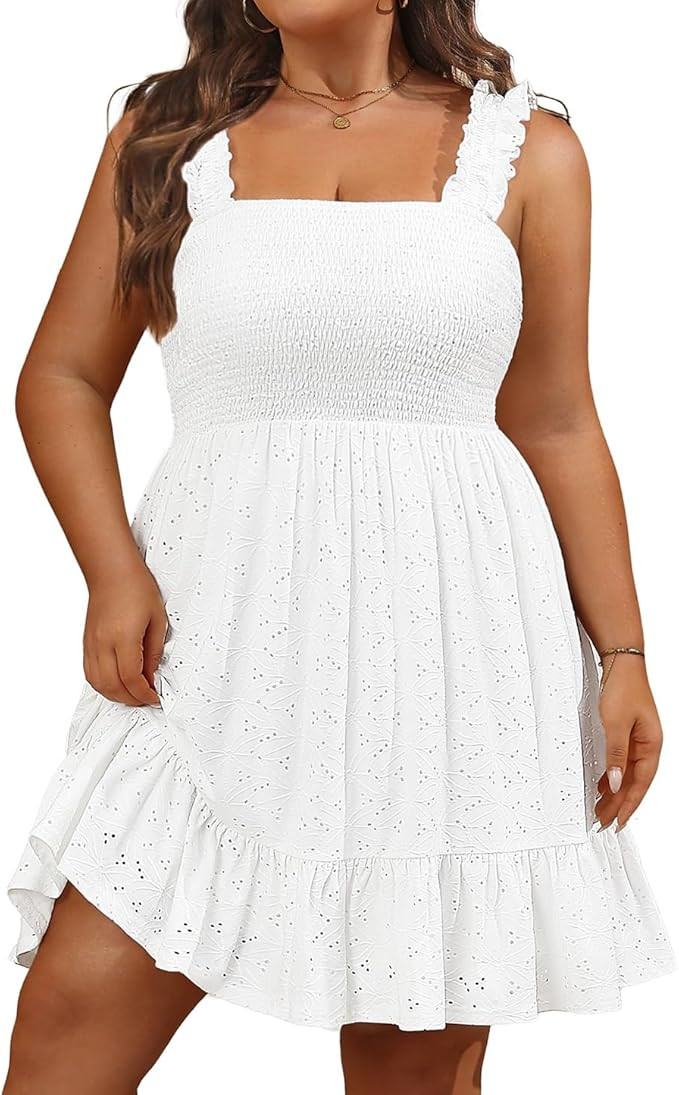 Talisea Women’s Plus Size Summer Dresses - Casual Eyelet Square Neck Sleeveless Smocked Ruffle ... | Amazon (US)