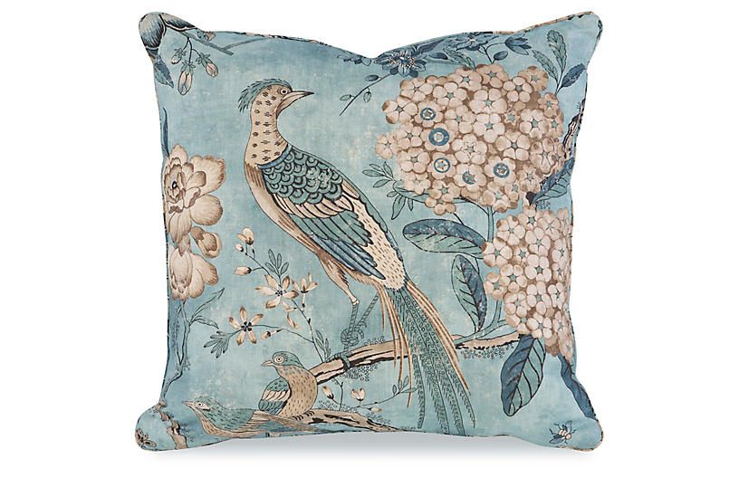 Floral Pheasant Pillow, Aqua | One Kings Lane
