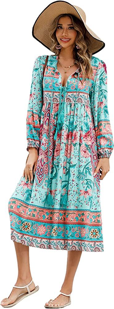 R.Vivimos Women's Long Sleeve Floral Print Retro V Neck Tassel Bohemian Midi Dresses | Amazon (US)