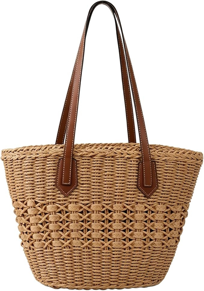 Straw Tote Bag Woven Beach Bag for Women, Large Capacity Summer Shoulder Boho Handbag Vacation | Amazon (US)