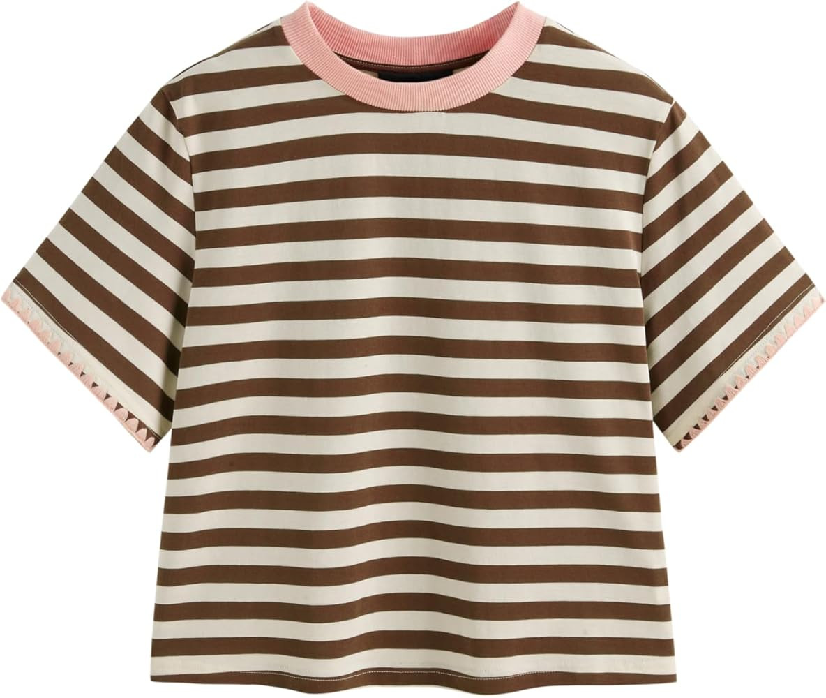 CIDER Women Stripe Crop Top Oversized Summer Crew Neck T-Shirt Cotton-Blend Short Sleeve Tee | Amazon (US)