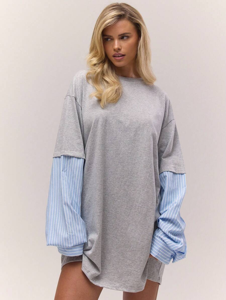 MUSERA Overlayered Oversized Stripe Short Sleeve T-Shirt Dress Fall Autumn Old Money Cute Country... | SHEIN