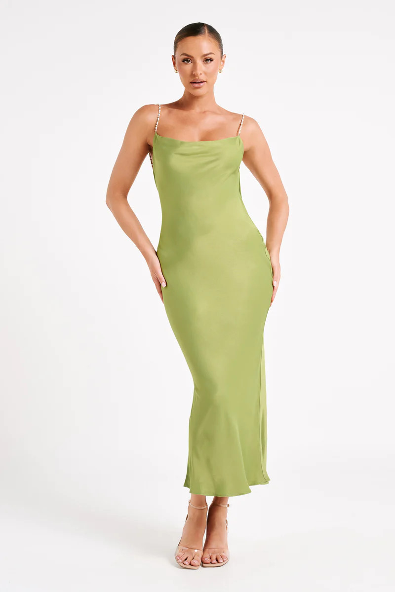 Adela Cowl Midi Dress With Pearl Trim - Parakeet Green | MESHKI US