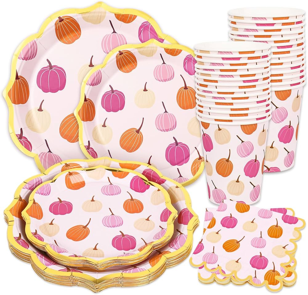 Fall Party Supplies Kit Pink Orange Pumpkin Scalloped Tableware Set Disposable Dinnerware Paper N... | Amazon (US)