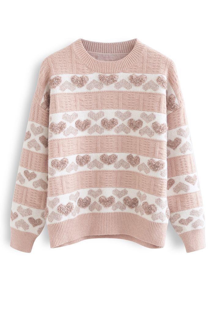 Fuzzy Heart Jacquard Knit Sweater in Pink | Chicwish