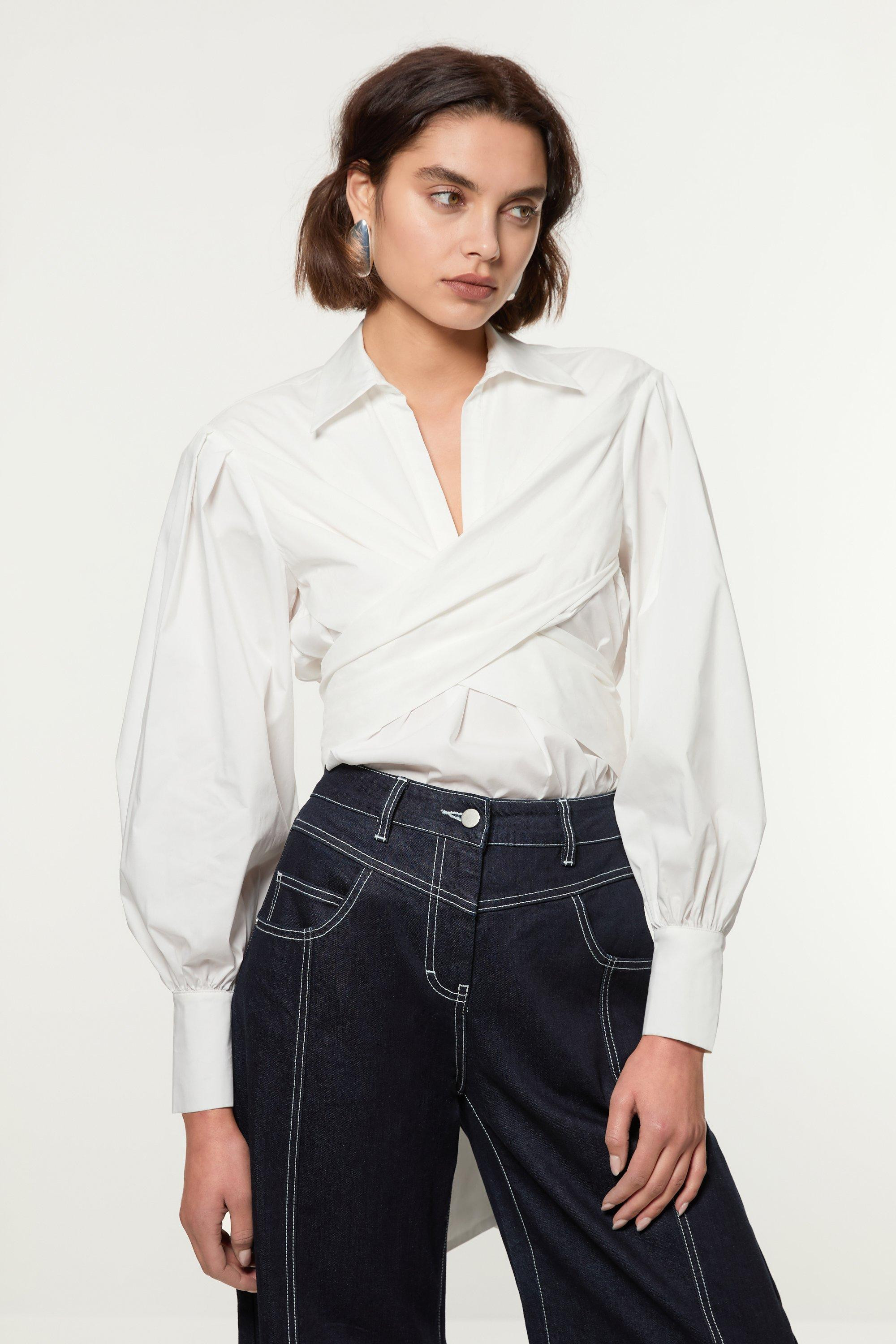 Tall Cotton Poplin Drama Sleeve Woven Wrap Detail Blouse | Karen Millen | Karen Millen UK + IE + DE + NL