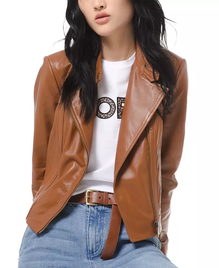 Michael Kors Leather Moto Jacket, Regular & Petite Sizes & Reviews - Jackets & Blazers - Women - ... | Macys (US)