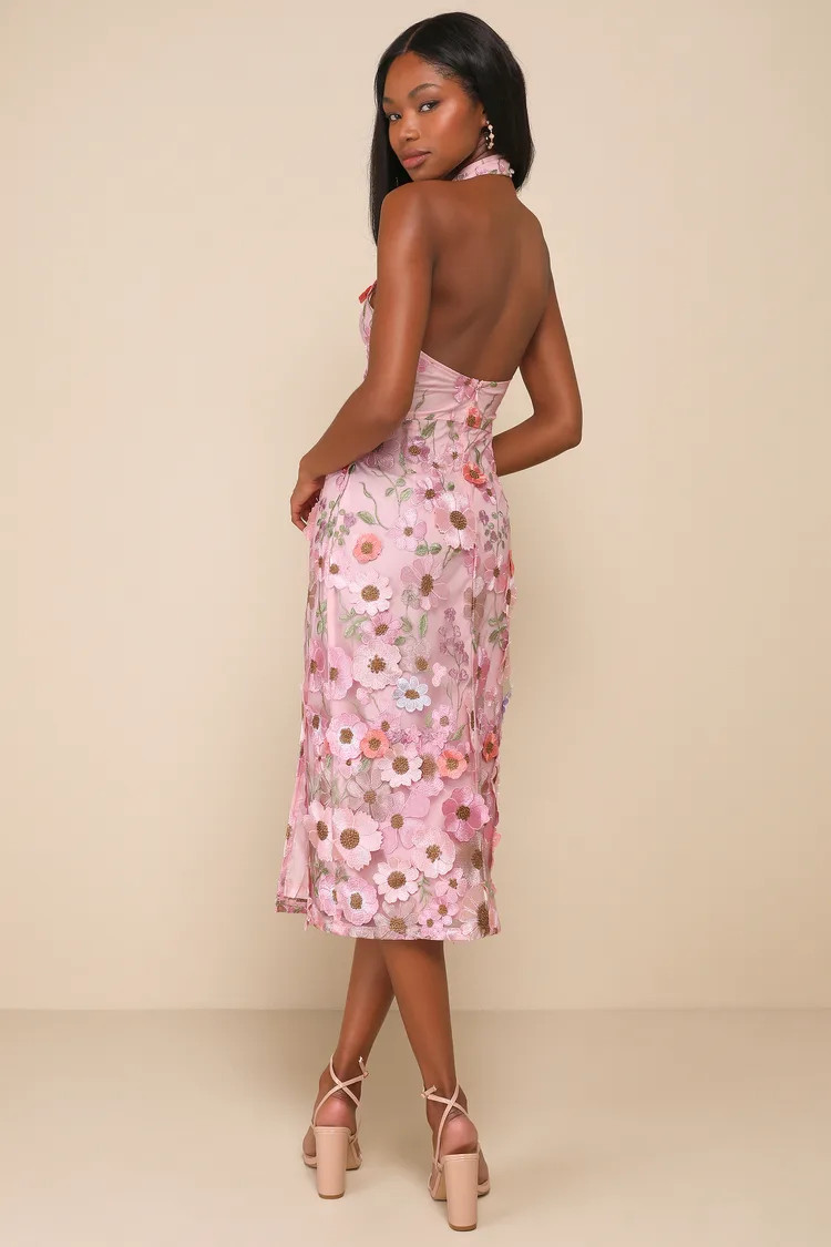 Unique Impression Pink 3D Floral Embroidered Halter Midi Dress | Lulus