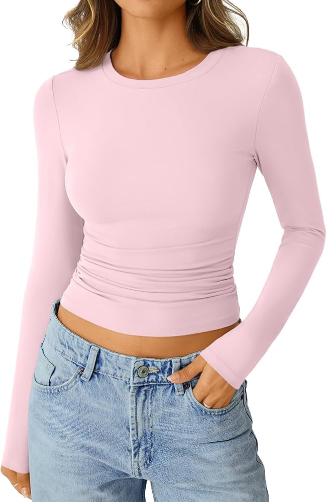 Trendy Queen Womens Long Sleeve Shirts Crop Tops Fall Fashion 2025 Going Out Basic Winter Clothes | Amazon (US)