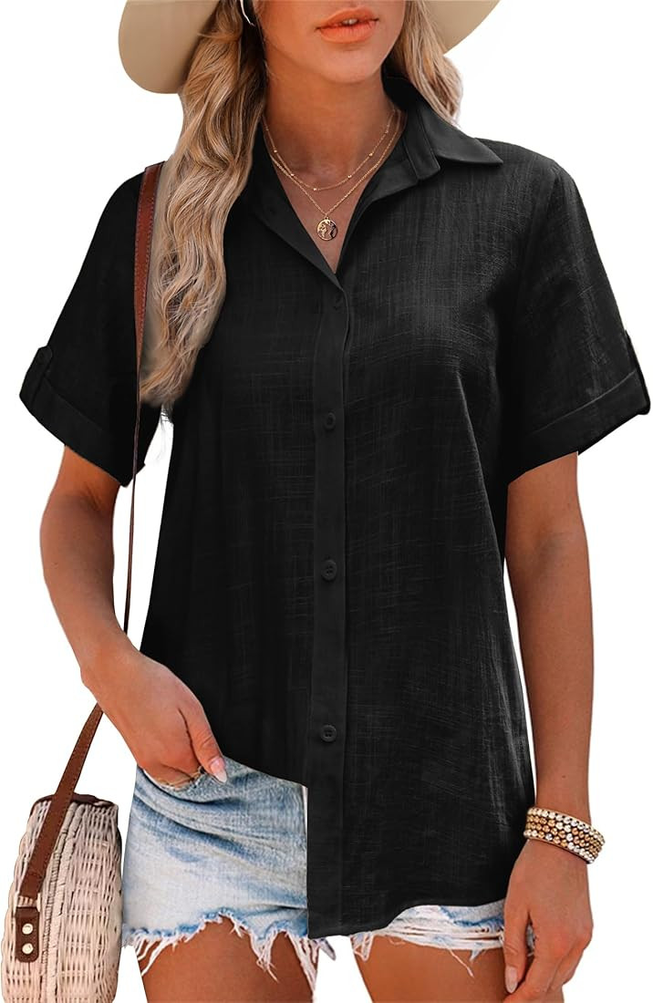 Pausus Women Cotton Linen Button Down Shirts Short Sleeve Office Collared Blouses V Neck Casual T... | Amazon (US)