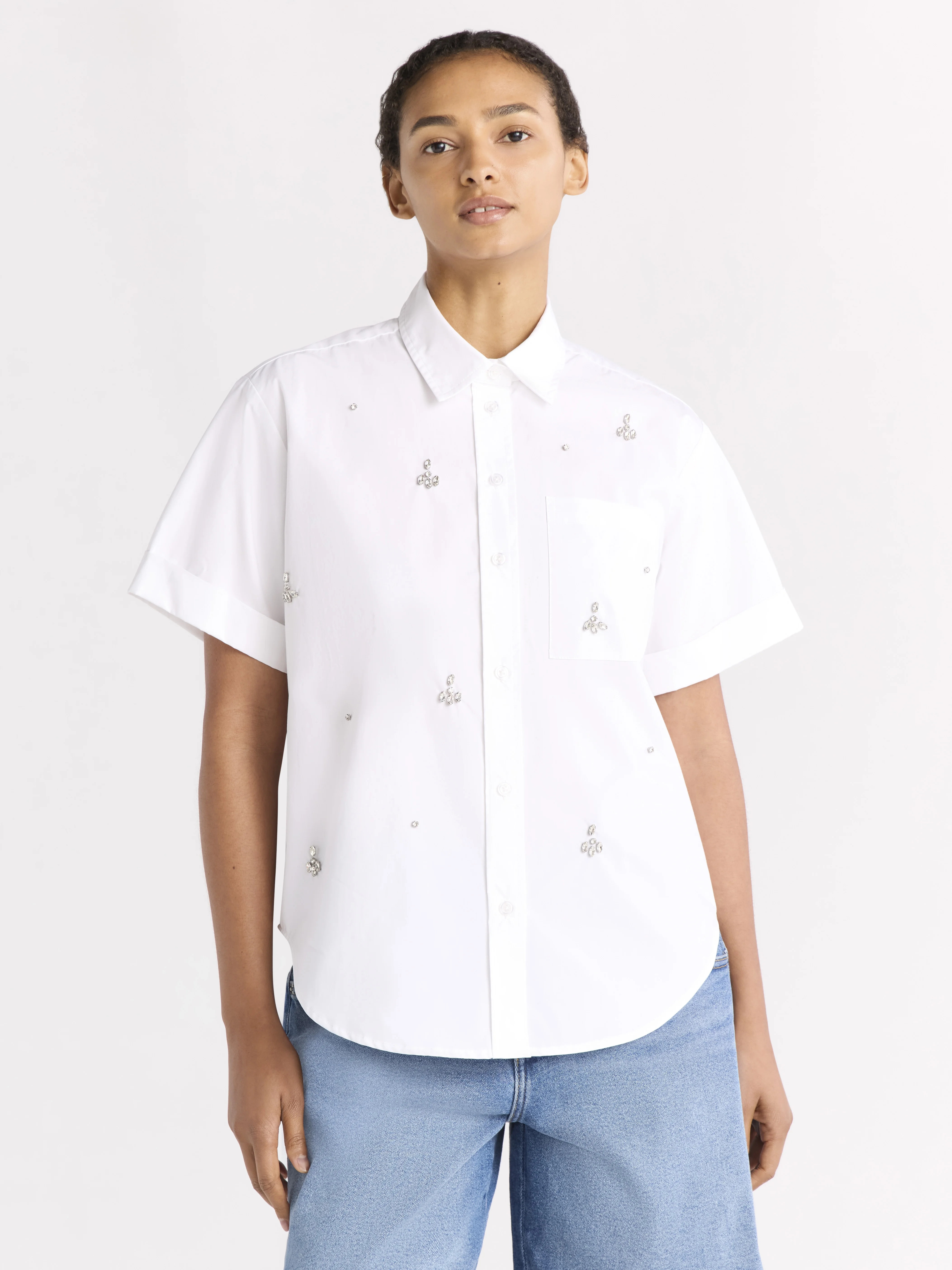 Free Assembly Women's Embellished Cotton Button Up Shirt, Sizes XS-XXL | Walmart (US)