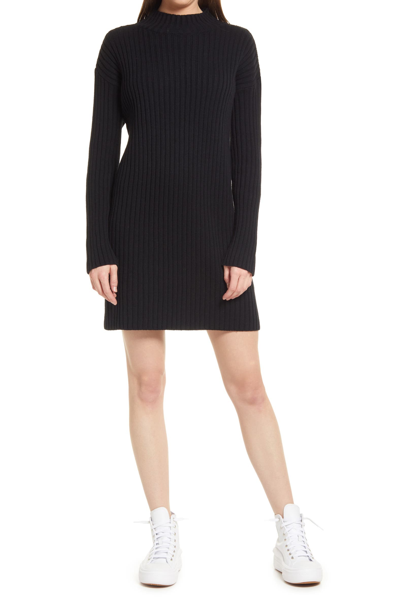 Mock Neck Long Sleeve Cotton Blend Rib Sweater Dress | Nordstrom | Nordstrom