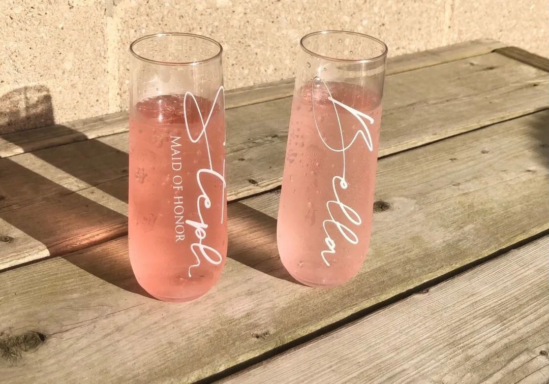 Bridesmaid Champagne Flutes Personalized Glass Stemless - Etsy | Etsy (US)