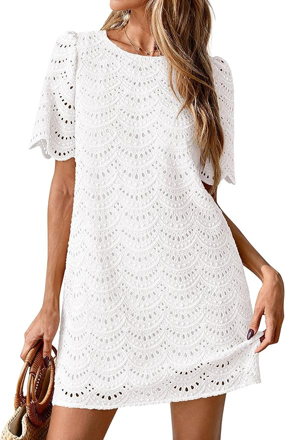 PRETTYGARDEN Women's 2026 Summer Casual Short Dresses Embroidered Lace Short Sleeve Boho Mini Dre... | Amazon (US)