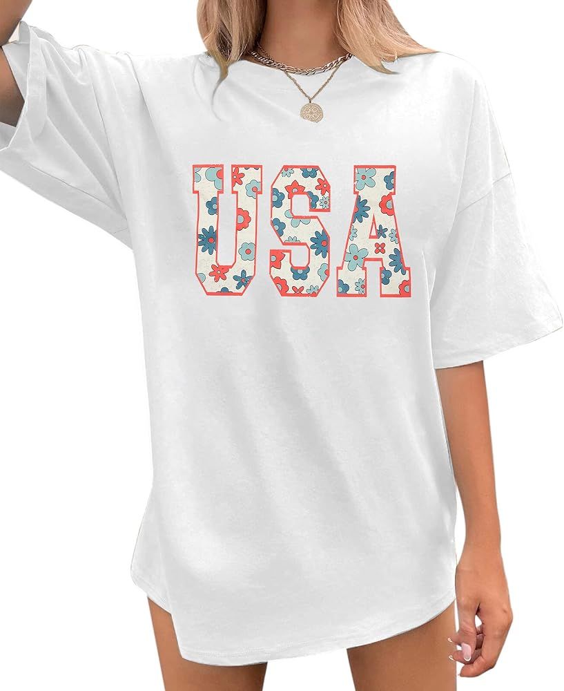 MNLYBABY USA Flag Oversized Shirt Women 4th of July Tshirt Patriotic American Tops | Amazon (US)