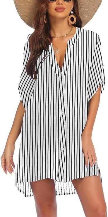 AI'MAGE Women's Swimsuit Cover Ups Shirt V-Neck Button Down Bathing Suit Coverups Beach Tunic Top... | Amazon (US)
