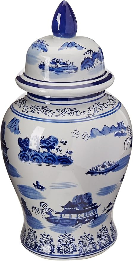 Oriental Furniture 18" Landscape Blue & White Porcelain Temple Jar | Amazon (US)