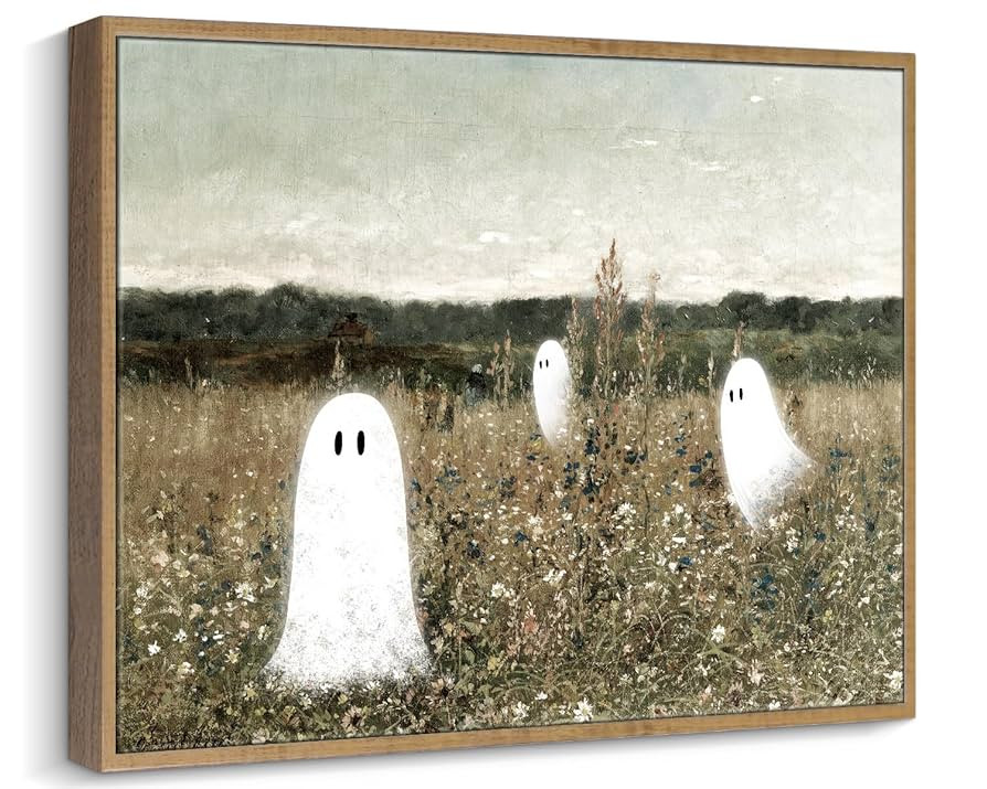 Pinetree Art Framed Halloween Canvas Wall Art for Living Room, Cute Ghosts at Wildflower Meadow P... | Amazon (US)