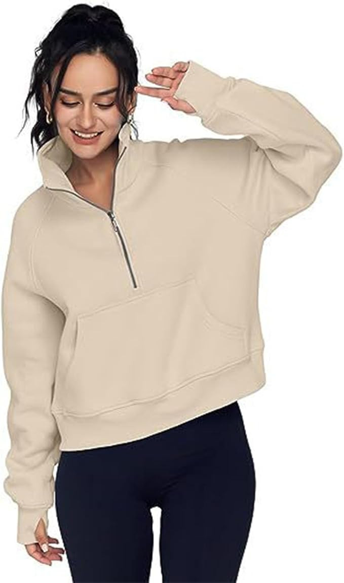 Hooded Sweatshirt Women Half Zip Oversized Sweatshirts Fleece Long Sleeve Solid Color Pullover | Amazon (US)