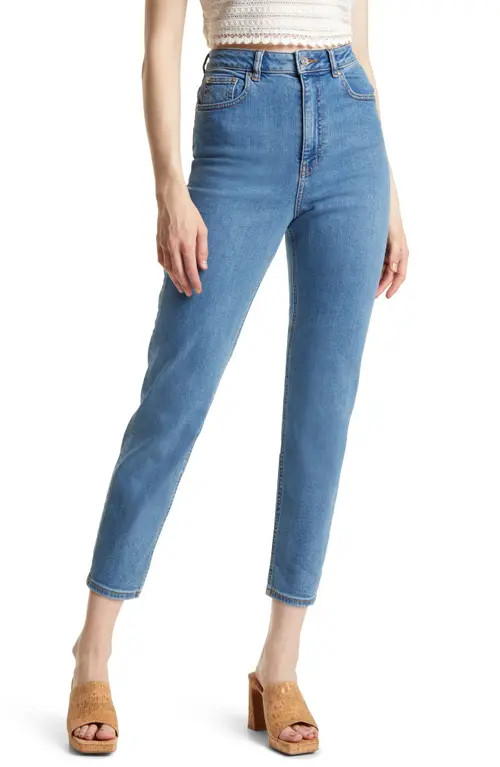 ASOS DESIGN High Waist Slim Mom Jeans in Medium Blue at Nordstrom, Size 30 X 32 | Nordstrom