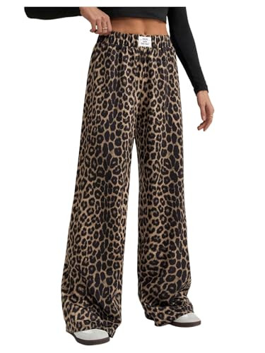 RoseSeek Women's Leopard Print Wide Leg Pants Patched Elastic Waist Casual Loose Trousers Brown Tall-L | Amazon (US)