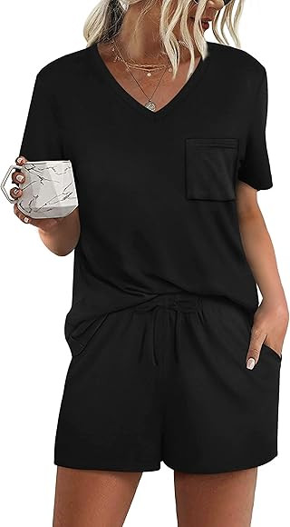 RUBZOOF Women's Short Sleeve Pajama Sets with Pockets Casual V Neck 2 Piece Lounge Sets S-2XL | Amazon (US)