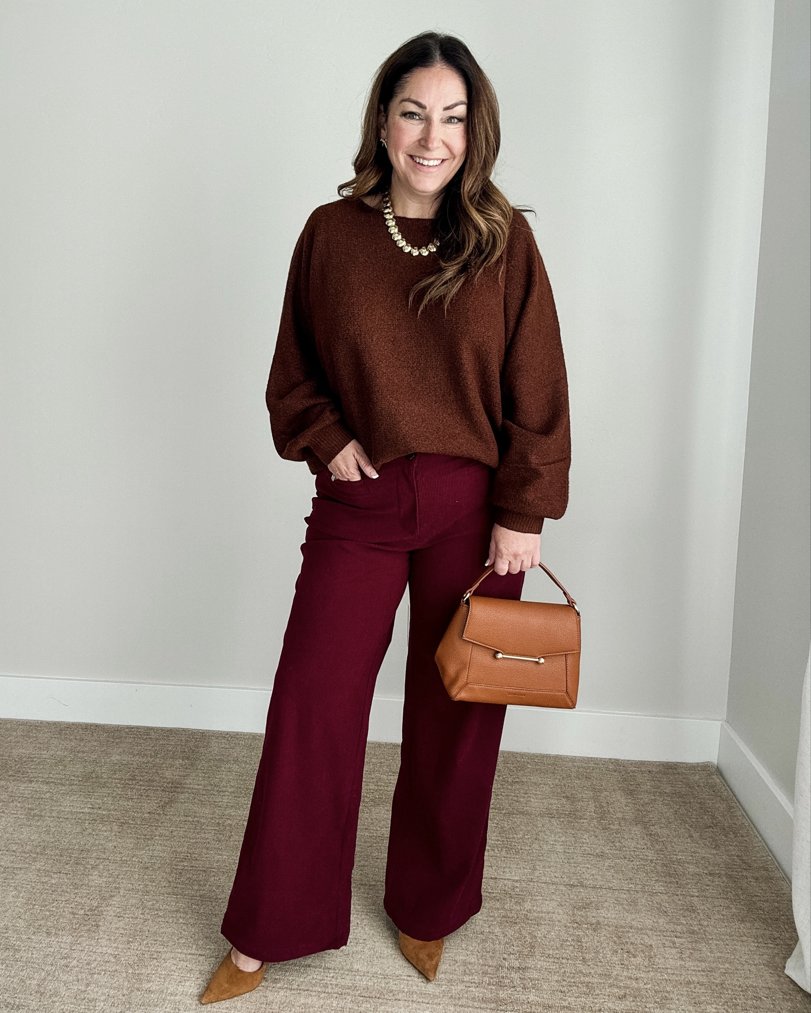 Mixing warm fall tones for a look that feels elevated yet wearable for everyday! | Wearing sweater, L and pants, XL #falloutfit #effortlessfashion #midsizemomstyle 

 

#LTKSeasonal #LTKStyleTip