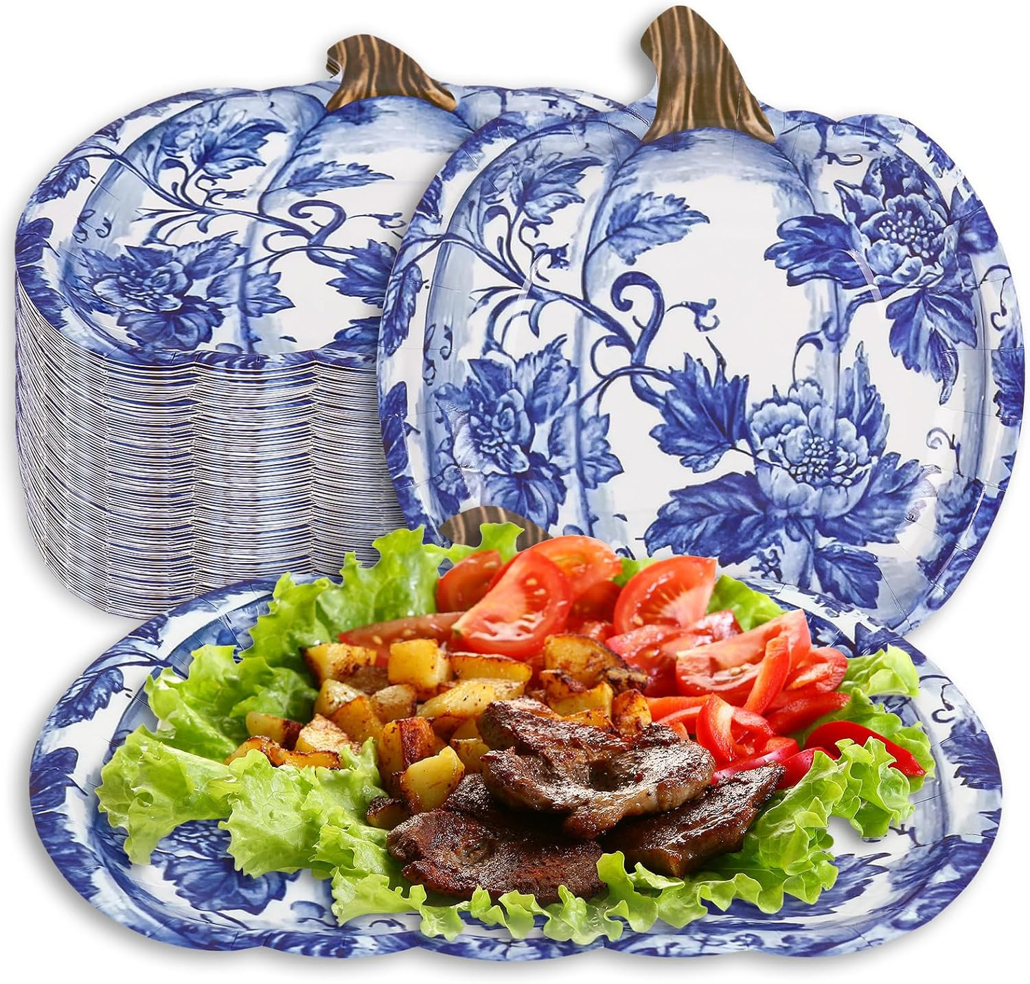 JarThenaAMCS 40Pcs Fall Pumpkin Paper Plates Blue Chinoiserie Pumpkin Flower Disposable Plate Blue White Toile Floral Dessert Plate for Autumn Harvest Thanksgiving Party Supplies | Amazon (US)