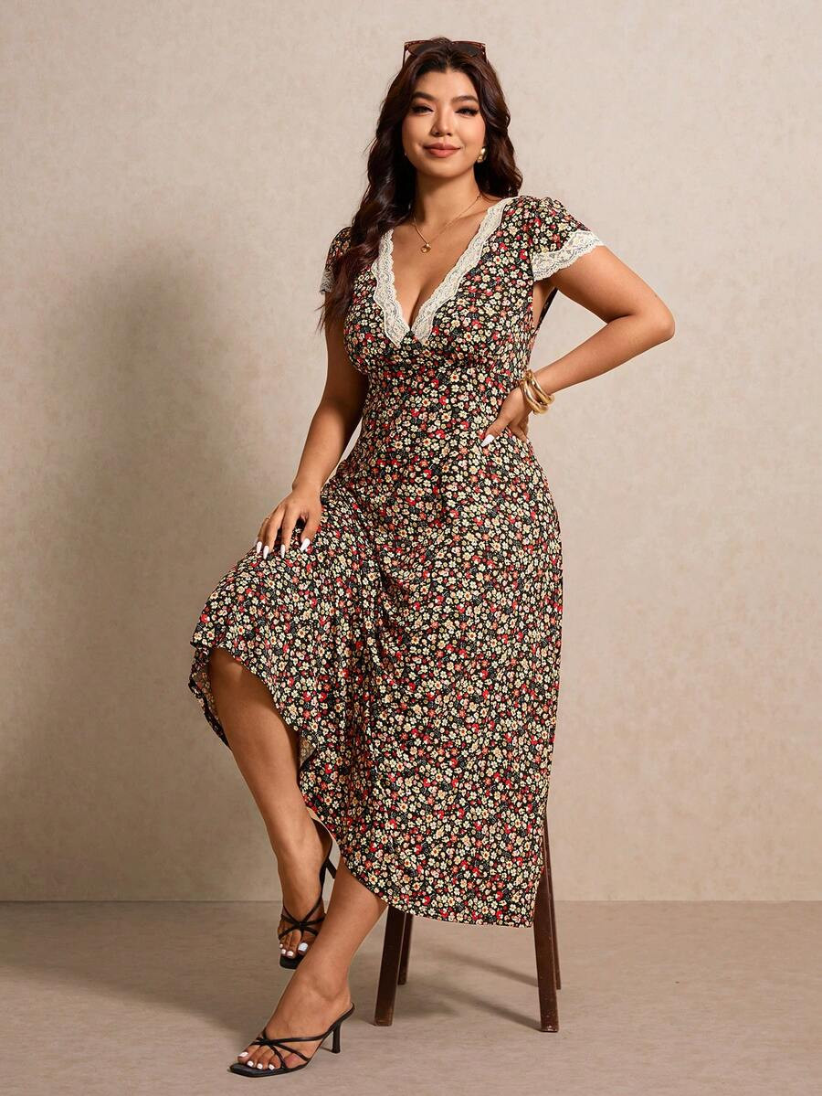Elaquor Women's Plus Size Black Summer 1950s Vintage Boho Tea Party Vacation Holiday Ditsy Floral... | SHEIN