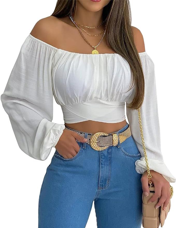 MIRACMODA Woman Off Shoulder Ruched Tie Back Crop Top Summer Lantern Sleeve Boho Shirt Blouse | Amazon (US)