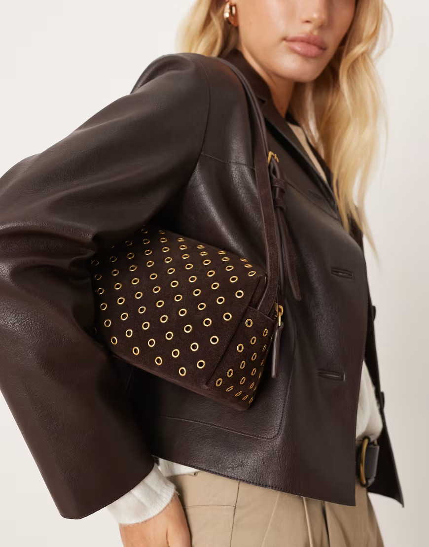 Mango suede eyelet small shoulder bag in dark brown | ASOS (Global)