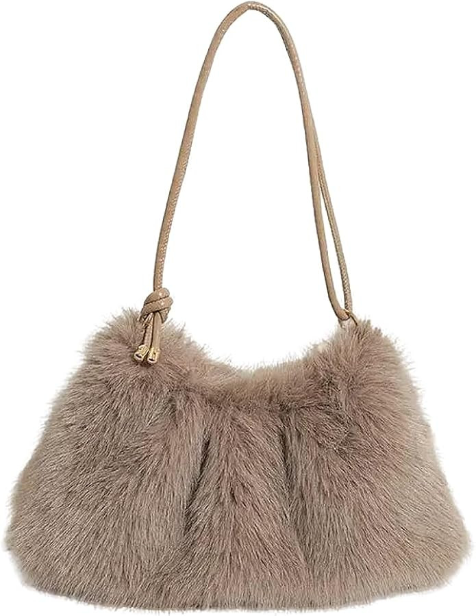 Ulisty Women Small Faux Fox Fur Hobo Bag Furry Underarm Bag Plush Shoulder Bag Fashion Purse Hand... | Amazon (US)