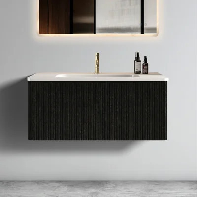 36" Floating Bathroom Vanity - Striped Brushed Black Oak, White Ceramic Sink, Transformation Pre-assembled Modern Thoughtful Design | Wayfair North America