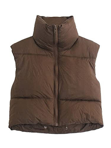 Zero2Seven Women's Zip Up Cropped Quilted Puffer Vest Sleeveless Stand Collar Waistcoat Gilet Lightweight Winter Down Jacket Coat (Large, Brown) | Amazon (US)