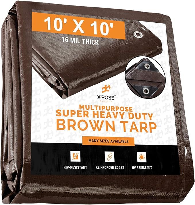 10' x 10' Super Heavy Duty 16 Mil Brown Poly Tarp Cover - Thick Waterproof, UV Resistant, Rot, Ri... | Amazon (US)